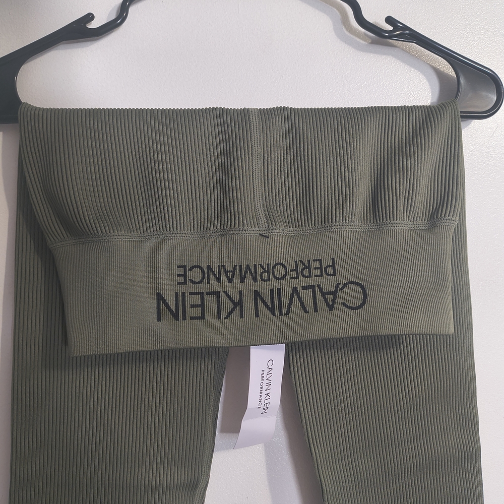 Calvin Klein Olive Ribbed Leggings - High Waist Slim Fit